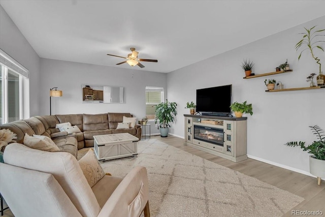 7218 Animas Ave, Frederick, CO 80530 - living area with wood finished floors, a ceiling fan, and baseboards