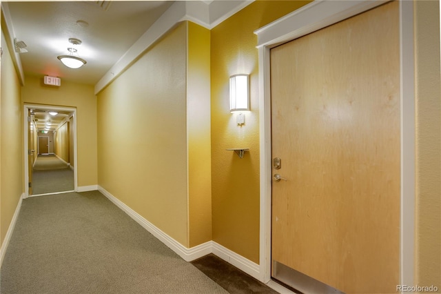 hallway with carpet floors and baseboards