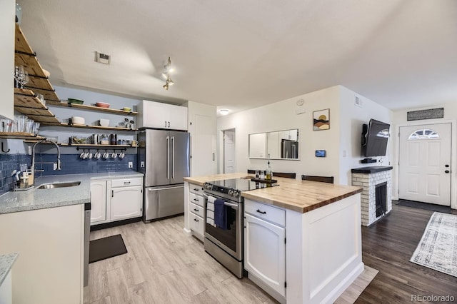 kitchen with wood counters, sink, stainless steel appliances, decorative backsplash, and white cabinets