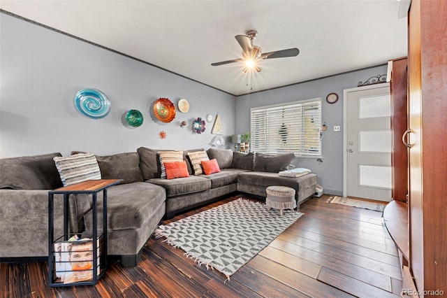 living room with ceiling fan and dark hardwood / wood-style flooring