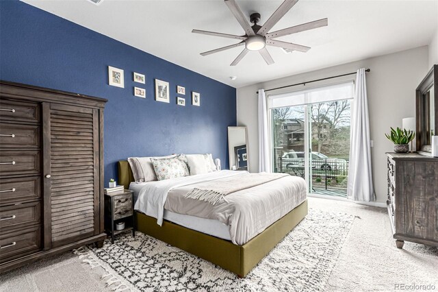 5187 S Fairplay St, Aurora, CO 80015 - bedroom featuring access to outside, ceiling fan, and light carpet