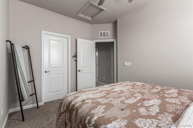 5187 S Fairplay St, Aurora, CO 80015 - bedroom with visible vents, carpet floors, baseboards, attic access, and a ceiling fan
