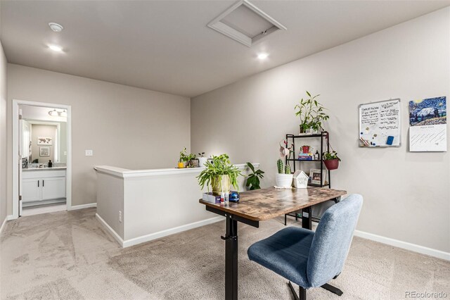 5187 S Fairplay St, Aurora, CO 80015 - office space with baseboards, light carpet, attic access, and recessed lighting