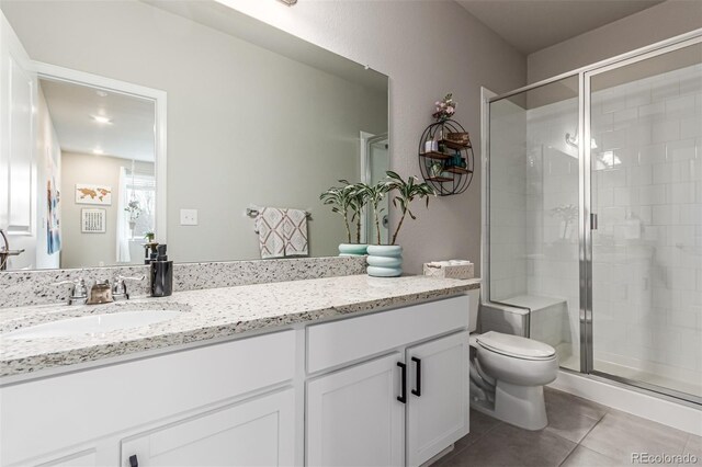 5187 S Fairplay St, Aurora, CO 80015 - bathroom with vanity, tile patterned floors, a stall shower, and toilet
