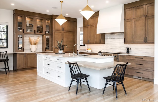 kitchen featuring premium range hood, sink, decorative backsplash, decorative light fixtures, and white cabinetry