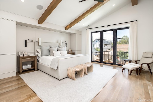 bedroom featuring access to outside, vaulted ceiling with beams, and wood-type flooring