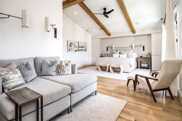 bedroom with vaulted ceiling with beams, ceiling fan, and hardwood / wood-style floors