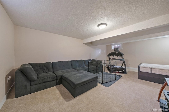 living room featuring carpet and a textured ceiling