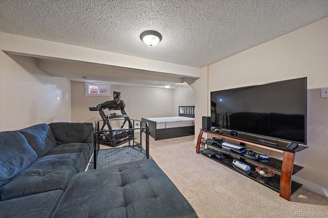 carpeted living room with a textured ceiling