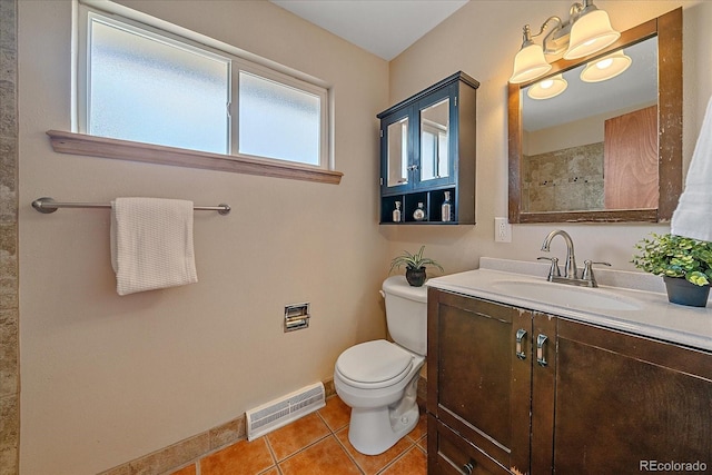 full bath featuring tile patterned flooring, visible vents, baseboards, toilet, and vanity