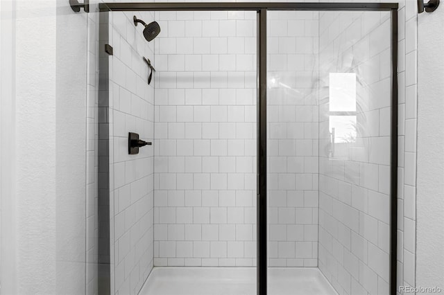 bathroom featuring a shower with shower door