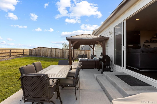 view of patio featuring an outdoor hangout area, a grill, and a gazebo