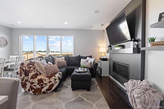 living room with dark hardwood / wood-style flooring