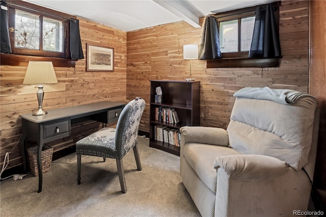 office space featuring a healthy amount of sunlight, wood walls, and light colored carpet