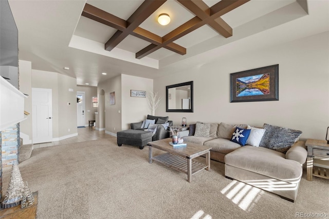 carpeted living room featuring coffered ceiling and beam ceiling