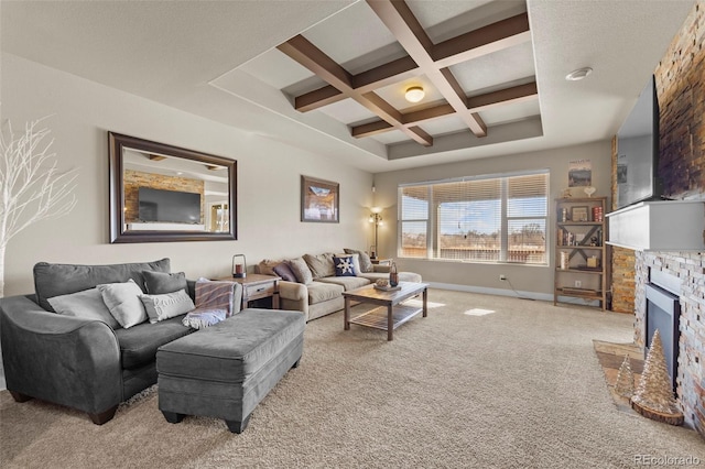 living room featuring a fireplace, coffered ceiling, beam ceiling, and light carpet