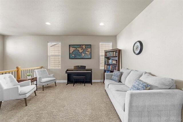 living room with plenty of natural light, carpet floors, and a textured ceiling