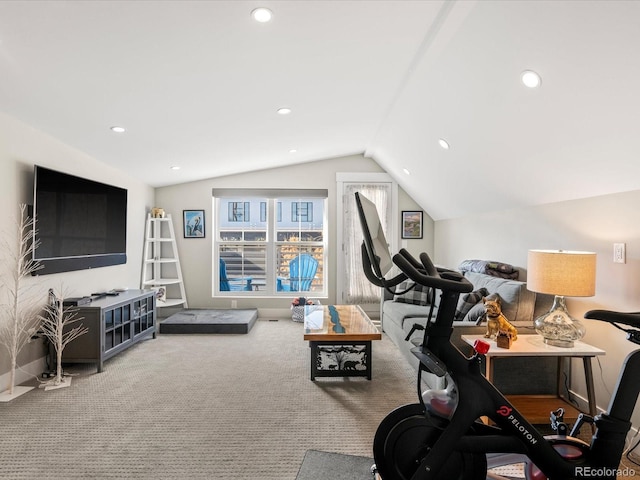 workout room featuring lofted ceiling and carpet flooring