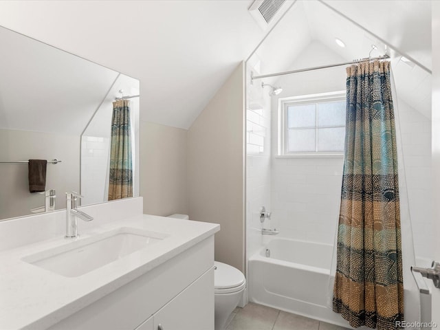 full bathroom with vanity, vaulted ceiling, toilet, and shower / bath combo with shower curtain