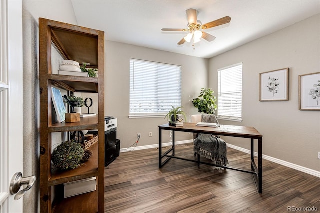 4968 Montvale Dr, Highlands Ranch, CO 80130 - office featuring dark wood-type flooring, a ceiling fan, and plenty of natural light