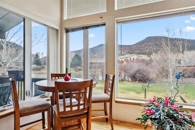 sunroom featuring a mountain view, plenty of natural light, and wood finished floors