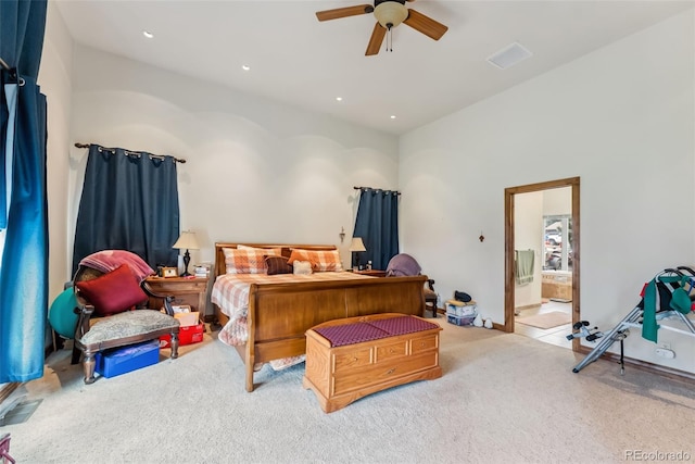 bedroom with carpet floors, ensuite bath, recessed lighting, and a ceiling fan