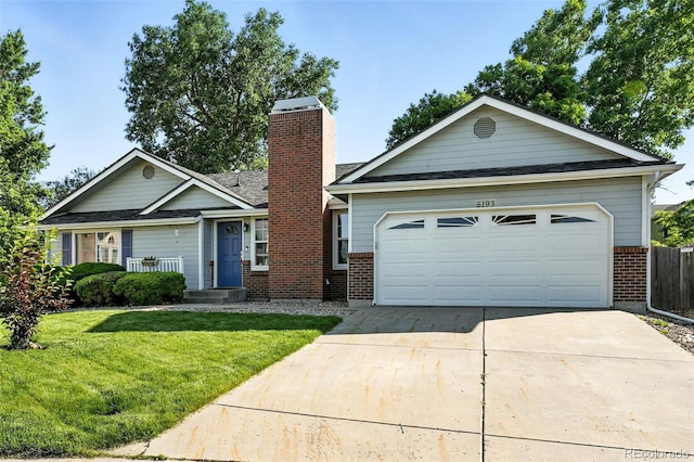 5193 S Flanders Ln, Centennial, CO 80015 - ranch-style home featuring brick siding, a chimney, concrete driveway, and an attached garage