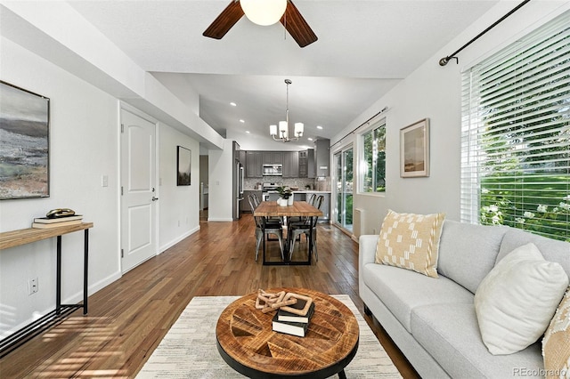 5193 S Flanders Ln, Centennial, CO 80015 - living room featuring dark wood-type flooring, a chandelier, ceiling fan, and recessed lighting