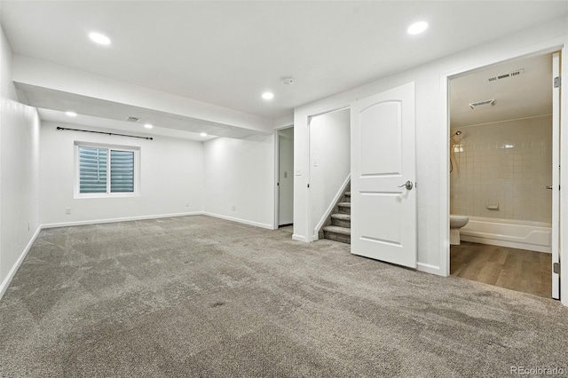 5193 S Flanders Ln, Centennial, CO 80015 - finished below grade area featuring carpet flooring, stairway, and recessed lighting