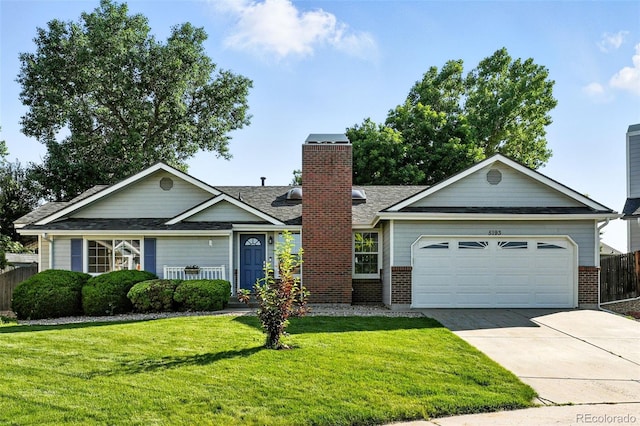 5193 S Flanders Ln, Centennial, CO 80015 - ranch-style house with a chimney, a garage, concrete driveway, brick siding, and roof with shingles