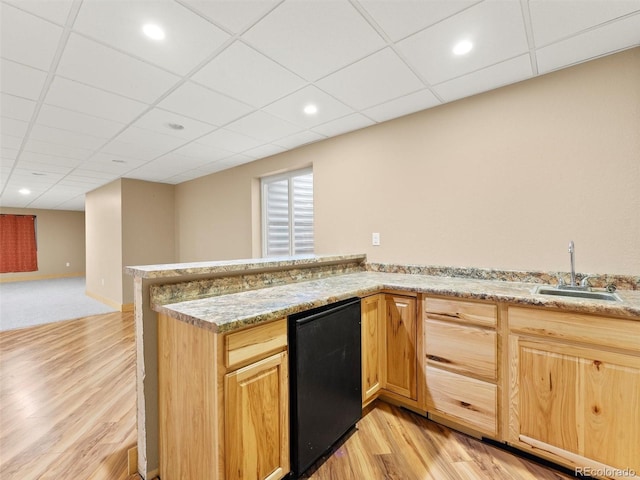 47855 E 88th Ave, Bennett, CO 80102 - kitchen with a sink, light wood-style flooring, fridge, a drop ceiling, and light stone counters