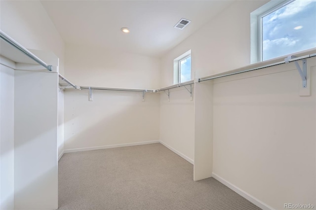 walk in closet with light colored carpet