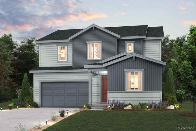 1350 Loraine Cir N, Lafayette, CO 80026 - traditional-style house featuring an attached garage, concrete driveway, a front yard, and board and batten siding