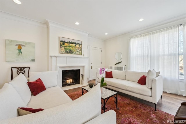 living room with hardwood / wood-style flooring, ornamental molding, and a healthy amount of sunlight