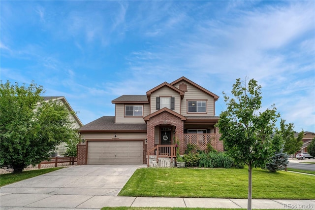 19382 Dunraven St, Parker, CO 80134 - traditional home with brick siding, driveway, a front lawn, a garage, and roof with shingles