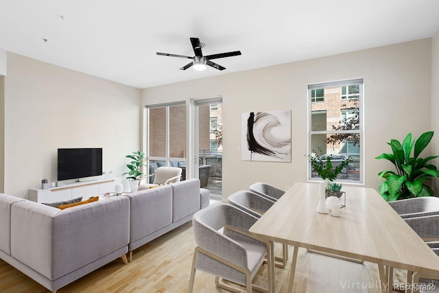 living area with a ceiling fan and light wood-style flooring