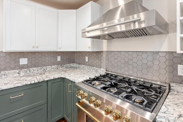 kitchen with white cabinetry, high end range, decorative backsplash, and wall chimney exhaust hood