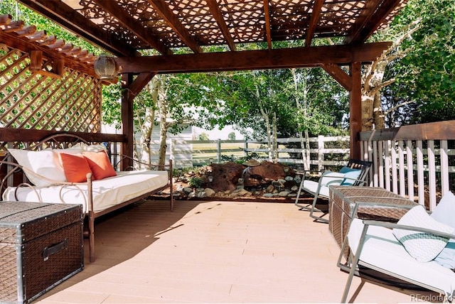 view of patio / terrace with a pergola, a deck, and an outdoor hangout area