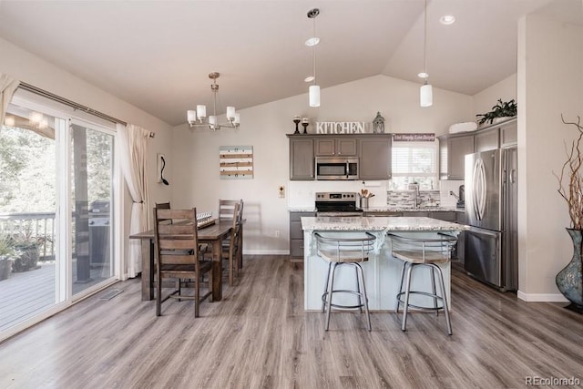 kitchen featuring wood-type flooring, a kitchen island, pendant lighting, and stainless steel appliances