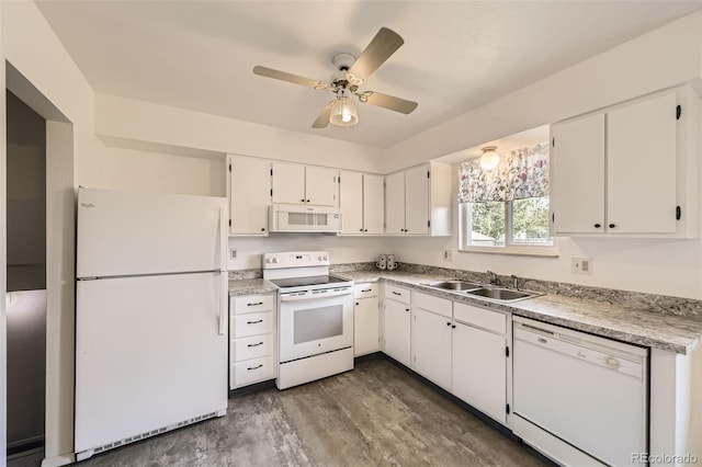 11310 W 46th Ave, Wheat Ridge, CO 80033 - kitchen featuring white appliances, a sink, white cabinets, ceiling fan, and light countertops