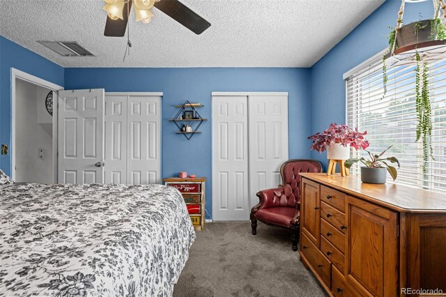 4501 S Garrison St, Littleton, CO 80123 - carpeted bedroom featuring multiple closets, a textured ceiling, and a ceiling fan
