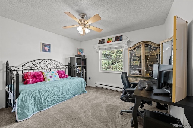 4501 S Garrison St, Littleton, CO 80123 - carpeted bedroom featuring a baseboard radiator, an office area, a textured ceiling, and ceiling fan