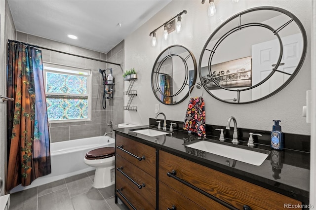 4501 S Garrison St, Littleton, CO 80123 - bathroom featuring shower / tub combo, double vanity, and tile patterned flooring
