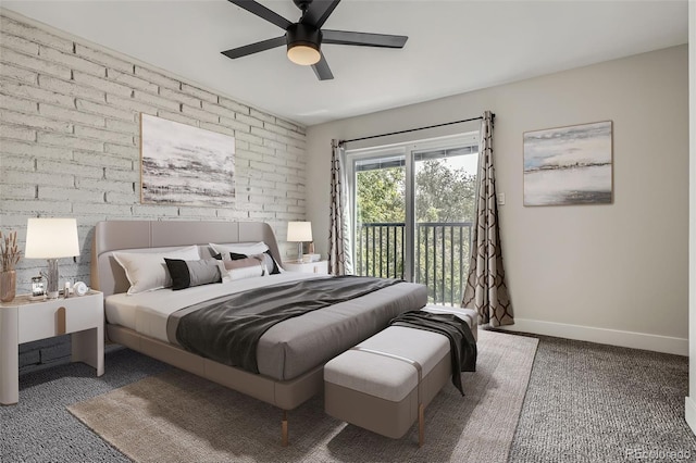 9605 E Kansas Cir Unit 53, Denver, CO 80247 - bedroom featuring access to exterior, carpet flooring, baseboards, brick wall, and ceiling fan