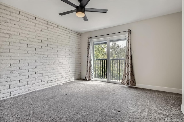 9605 E Kansas Cir Unit 53, Denver, CO 80247 - carpeted empty room featuring brick wall, ceiling fan, and baseboards