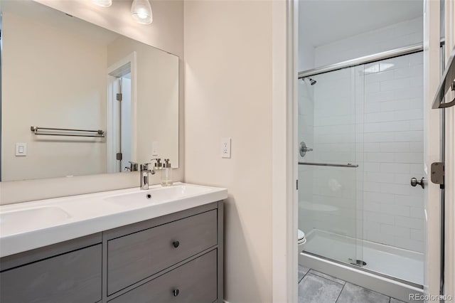 9605 E Kansas Cir Unit 53, Denver, CO 80247 - bathroom featuring a shower stall, double vanity, toilet, and tile patterned flooring
