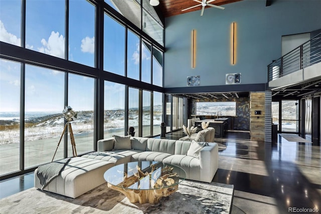 living room featuring a towering ceiling, expansive windows, and a wealth of natural light