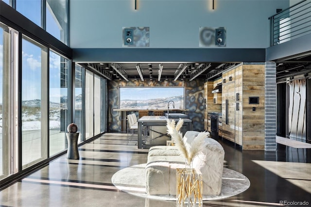 living room featuring a towering ceiling