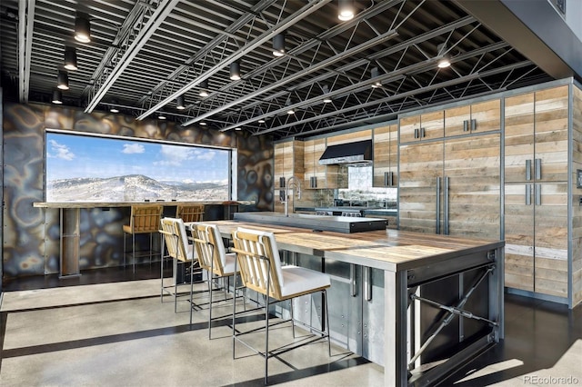 interior space with wooden counters, wall chimney exhaust hood, a mountain view, and finished concrete floors