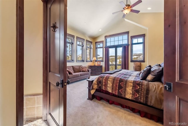 bedroom with light carpet, lofted ceiling, and recessed lighting